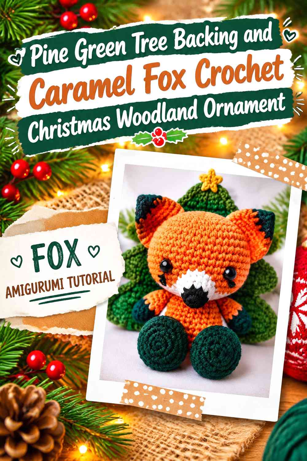 Pine Green Tree Backing and Caramel Fox Crochet Christmas Woodland Ornament