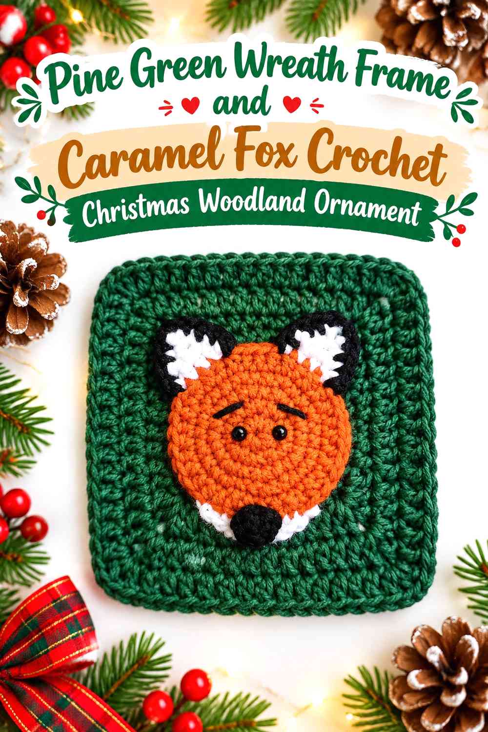Pine Green Wreath Frame and Caramel Fox Crochet Christmas Woodland Ornament