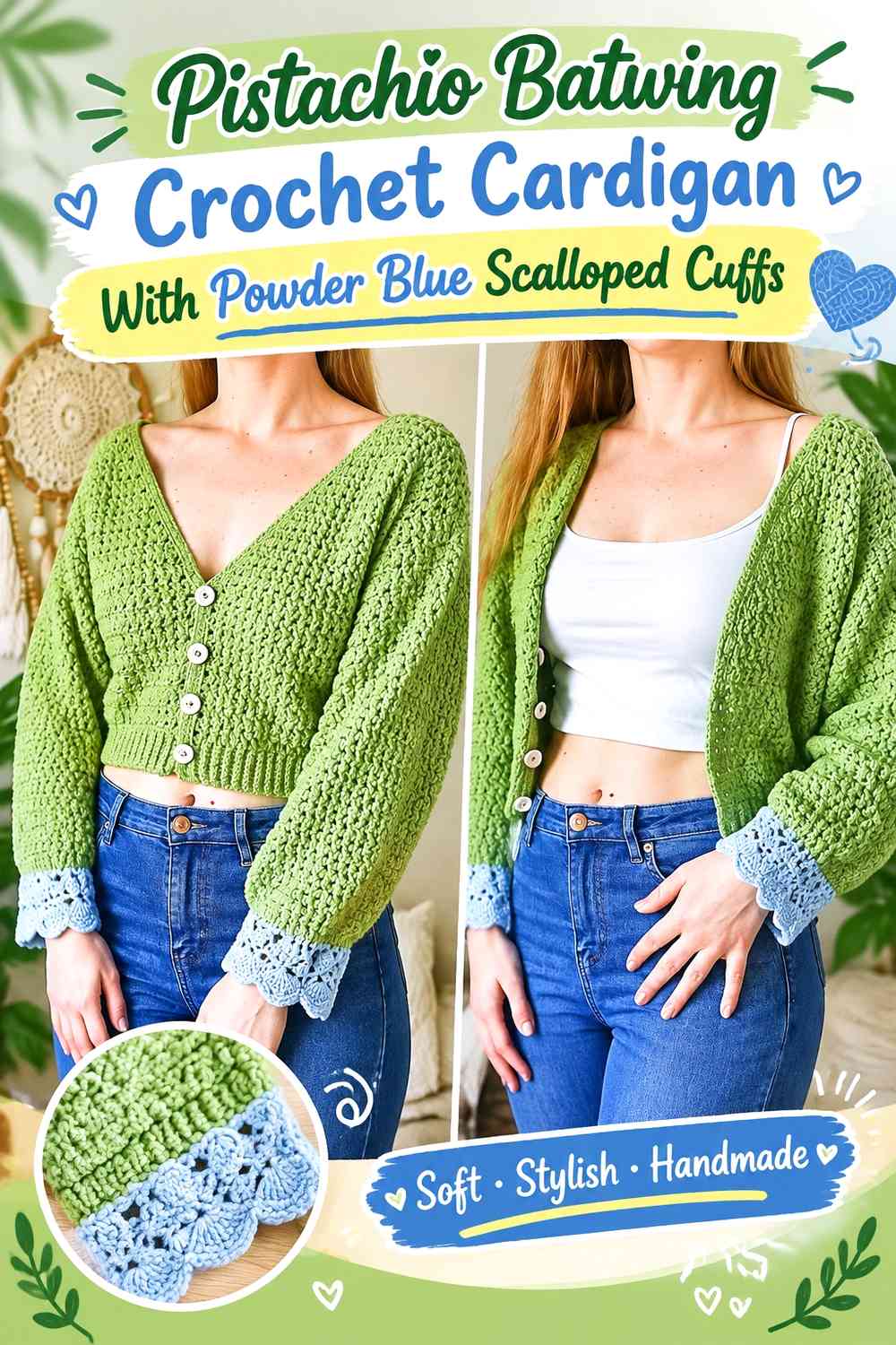 Pistachio Batwing Crochet Cardigan With Powder Blue Scalloped Cuffs