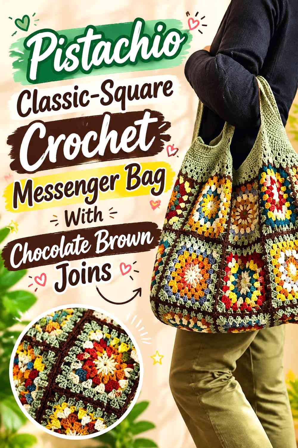 Pistachio Classic-Square Crochet Messenger Bag With Chocolate Brown Joins