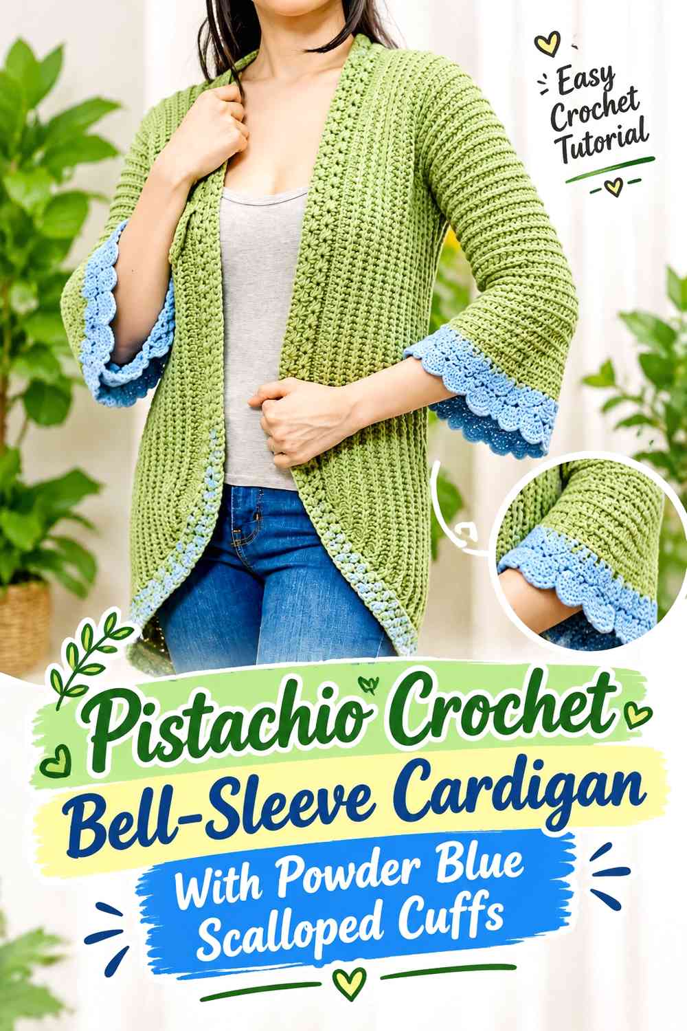 Pistachio Crochet Bell-Sleeve Cardigan With Powder Blue Scalloped Cuffs