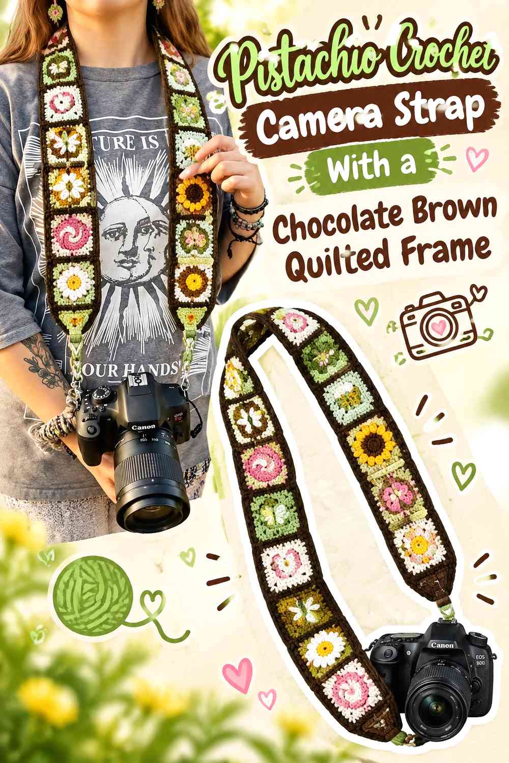 Pistachio Crochet Camera Strap With a Chocolate Brown Quilted Frame