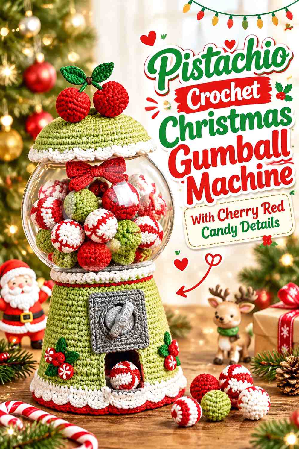 Pistachio Crochet Christmas Gumball Machine With Cherry Red Candy Details
