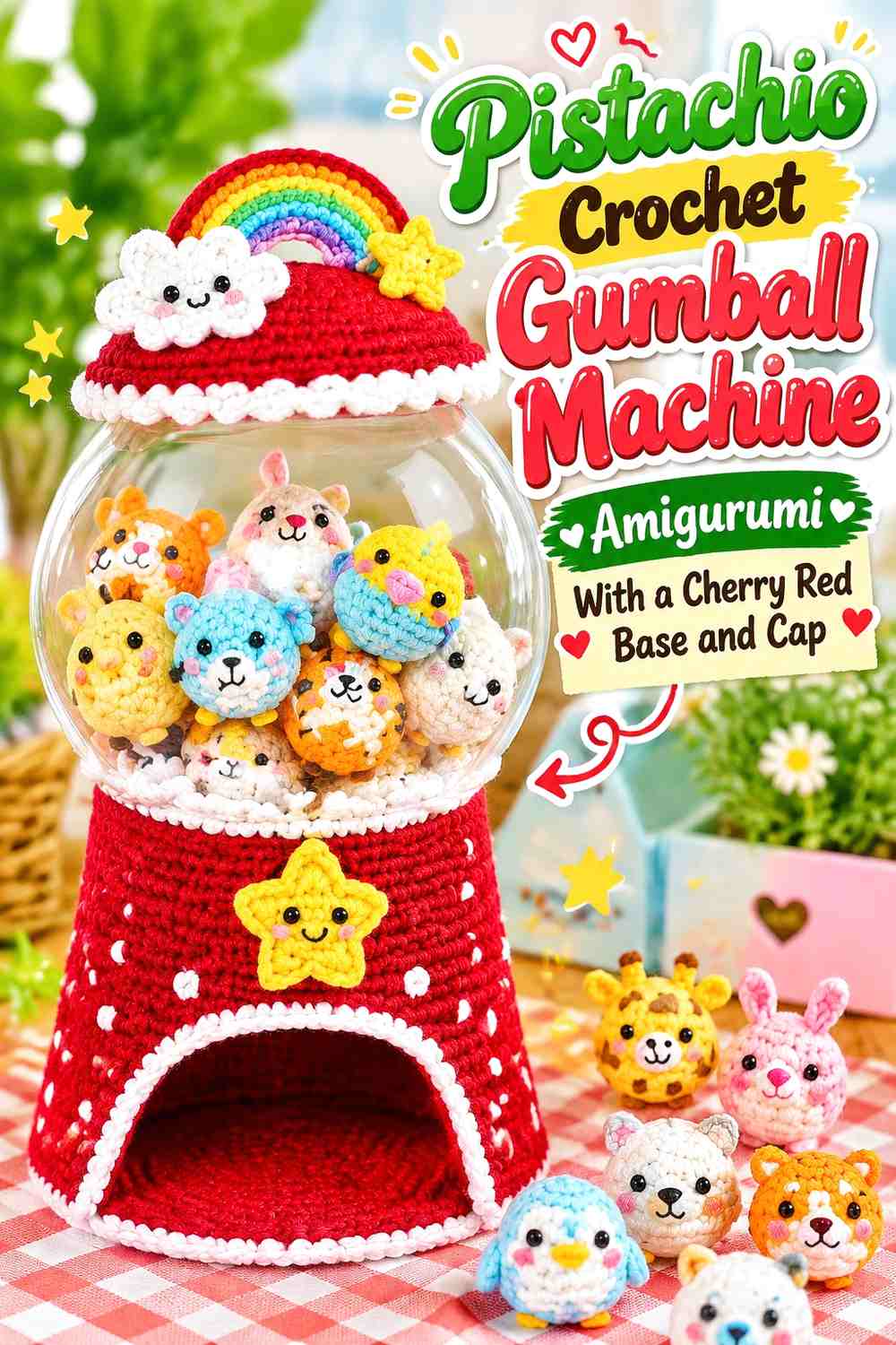 Pistachio Crochet Gumball Machine Amigurumi With a Cherry Red Base and Cap