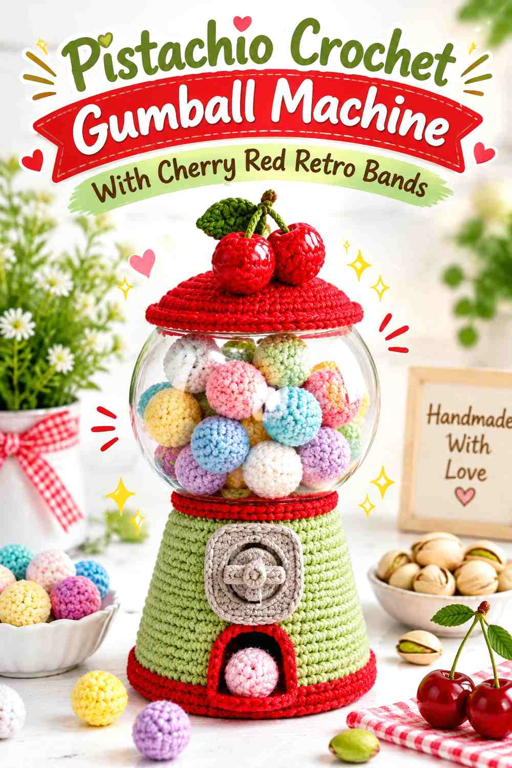 Pistachio Crochet Gumball Machine With Cherry Red Retro Bands