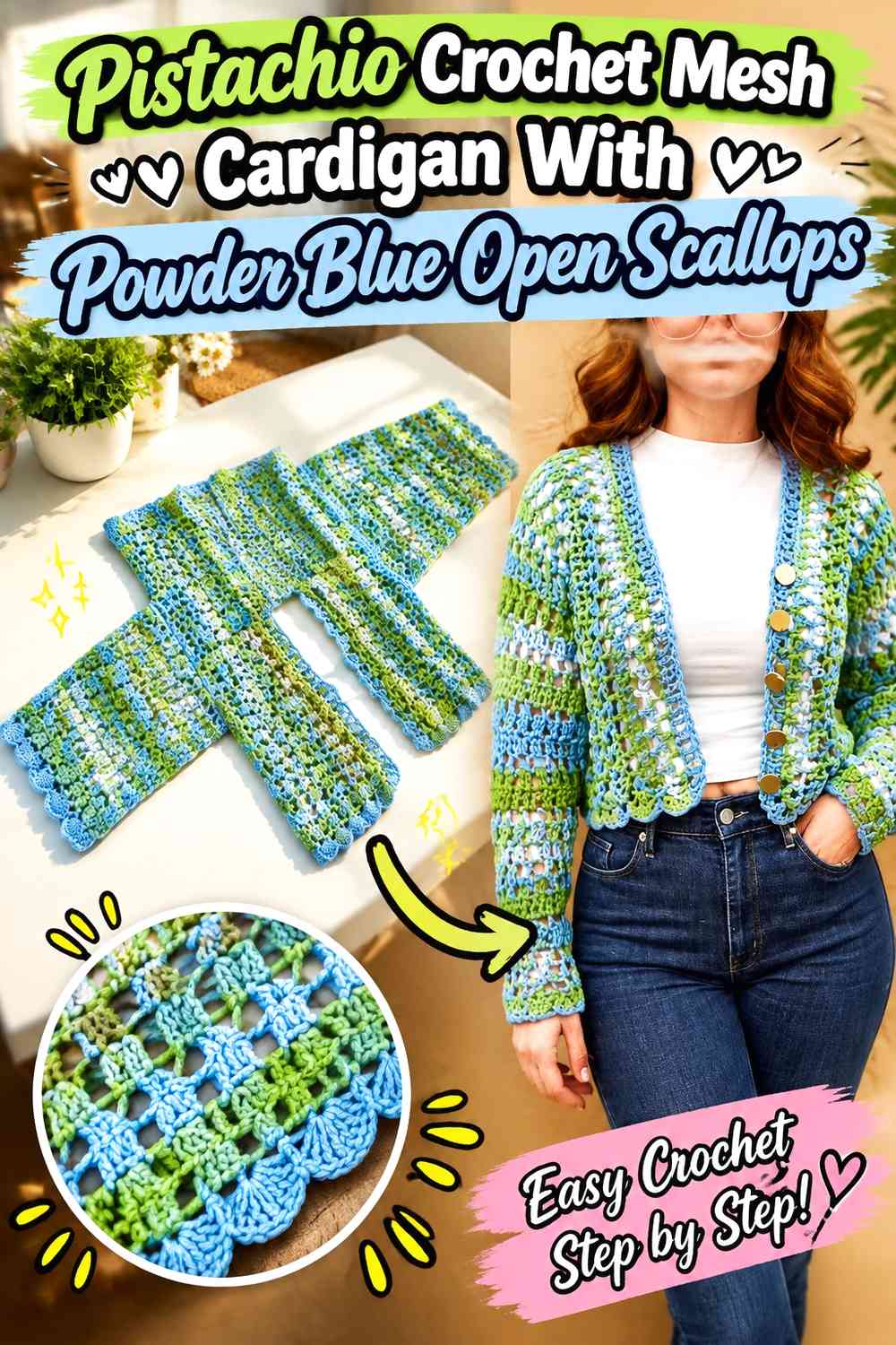 Pistachio Crochet Mesh Cardigan With Powder Blue Open Scallops