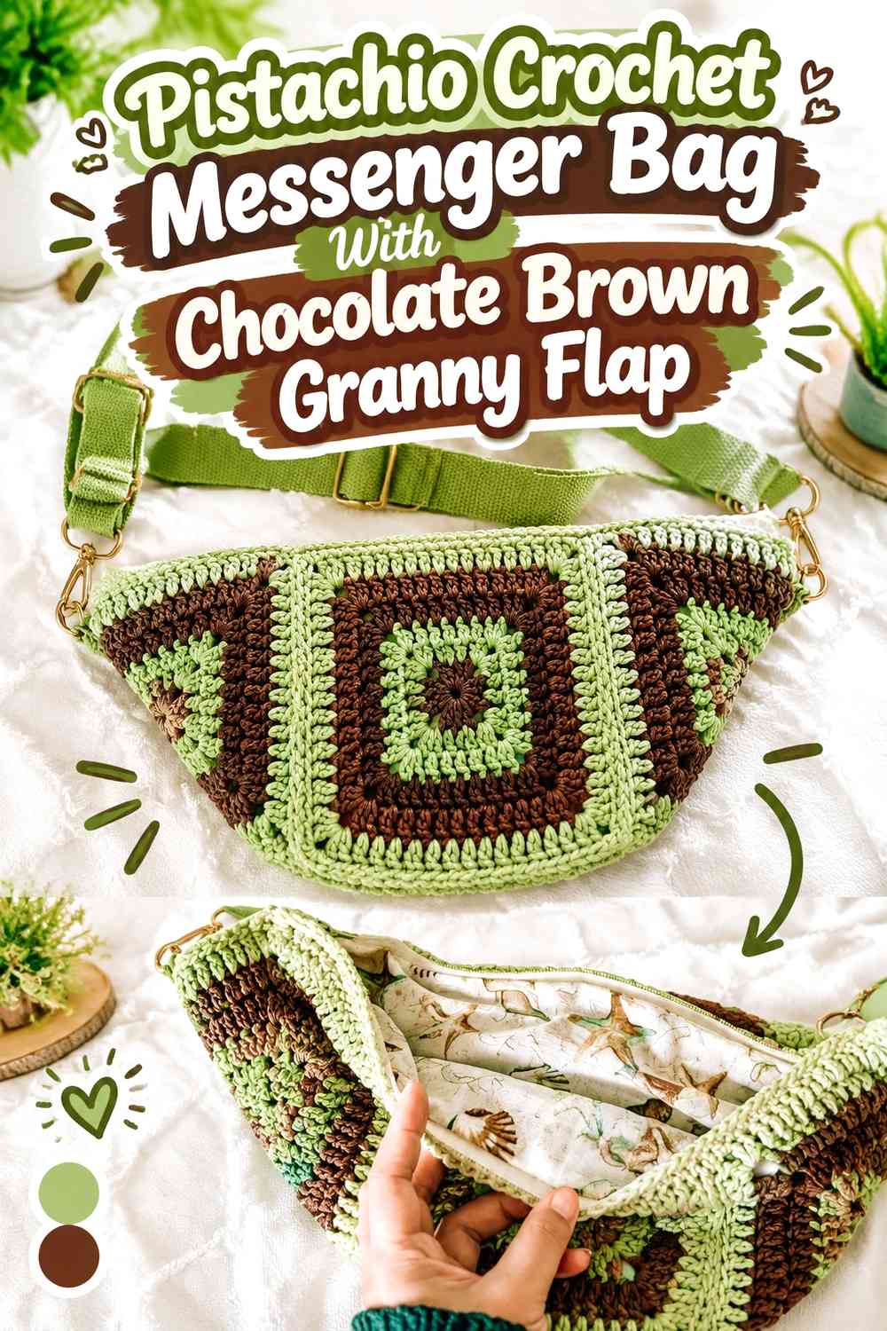 Pistachio Crochet Messenger Bag With Chocolate Brown Granny Flap