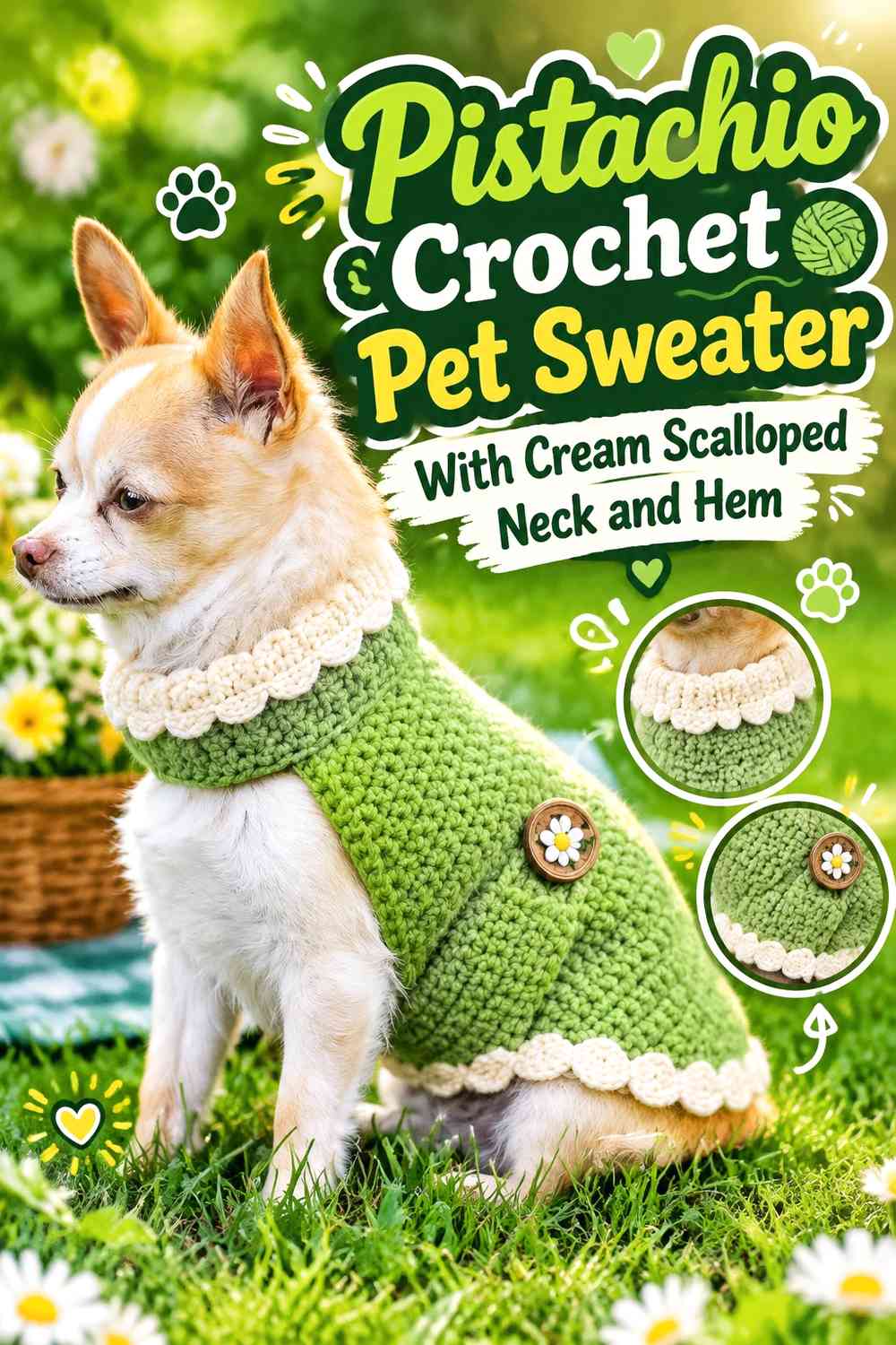 Pistachio Crochet Pet Sweater With Cream Scalloped Neck and Hem