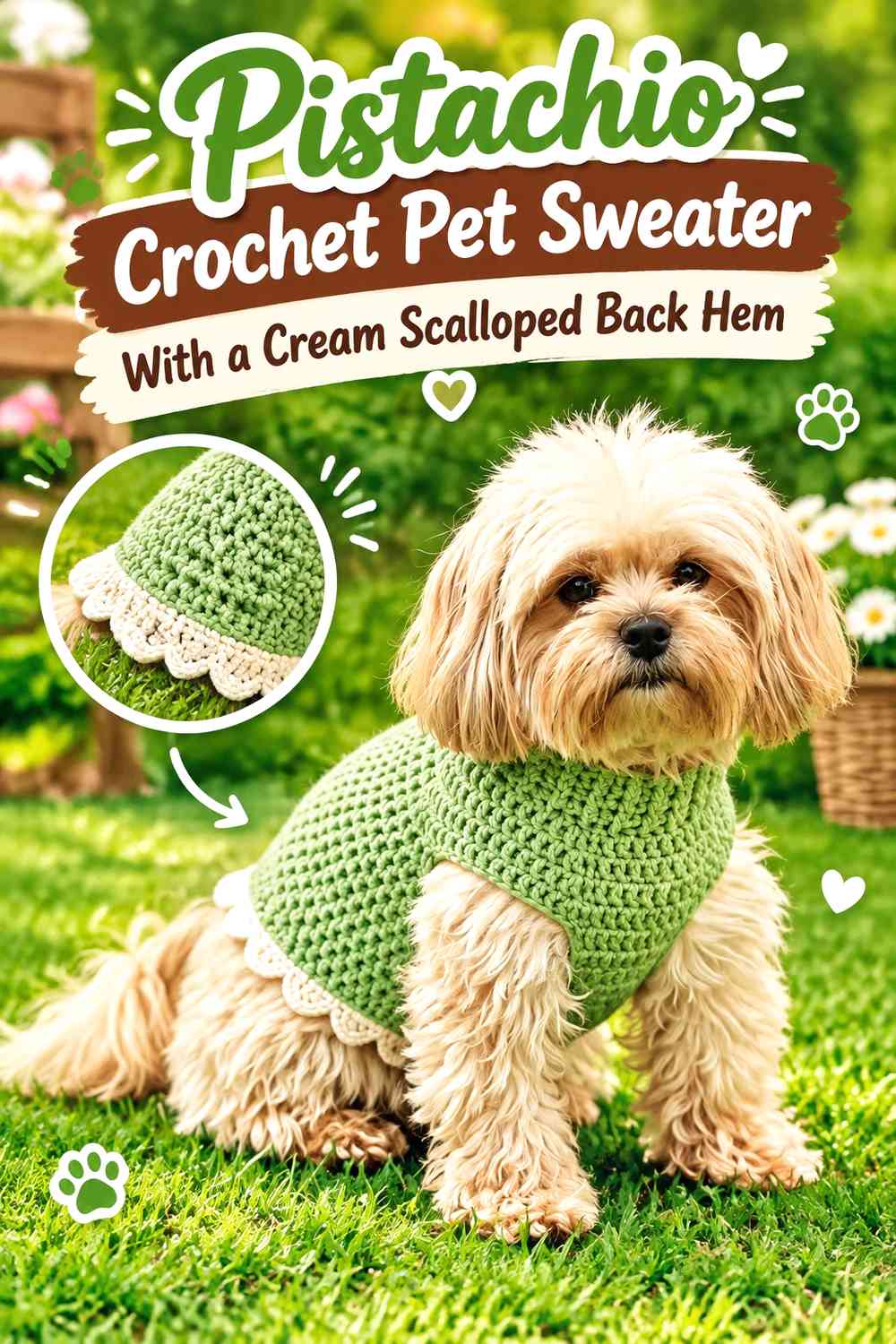 Pistachio Crochet Pet Sweater With a Cream Scalloped Back Hem