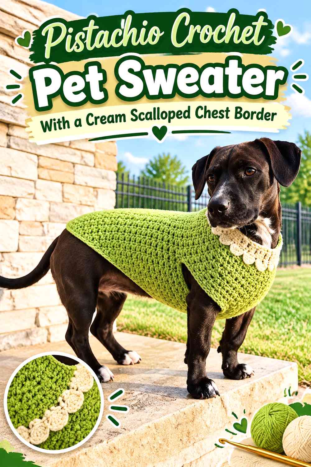 Pistachio Crochet Pet Sweater With a Cream Scalloped Chest Border