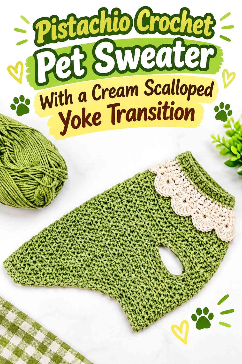 Pistachio Crochet Pet Sweater With a Cream Scalloped Yoke Transition