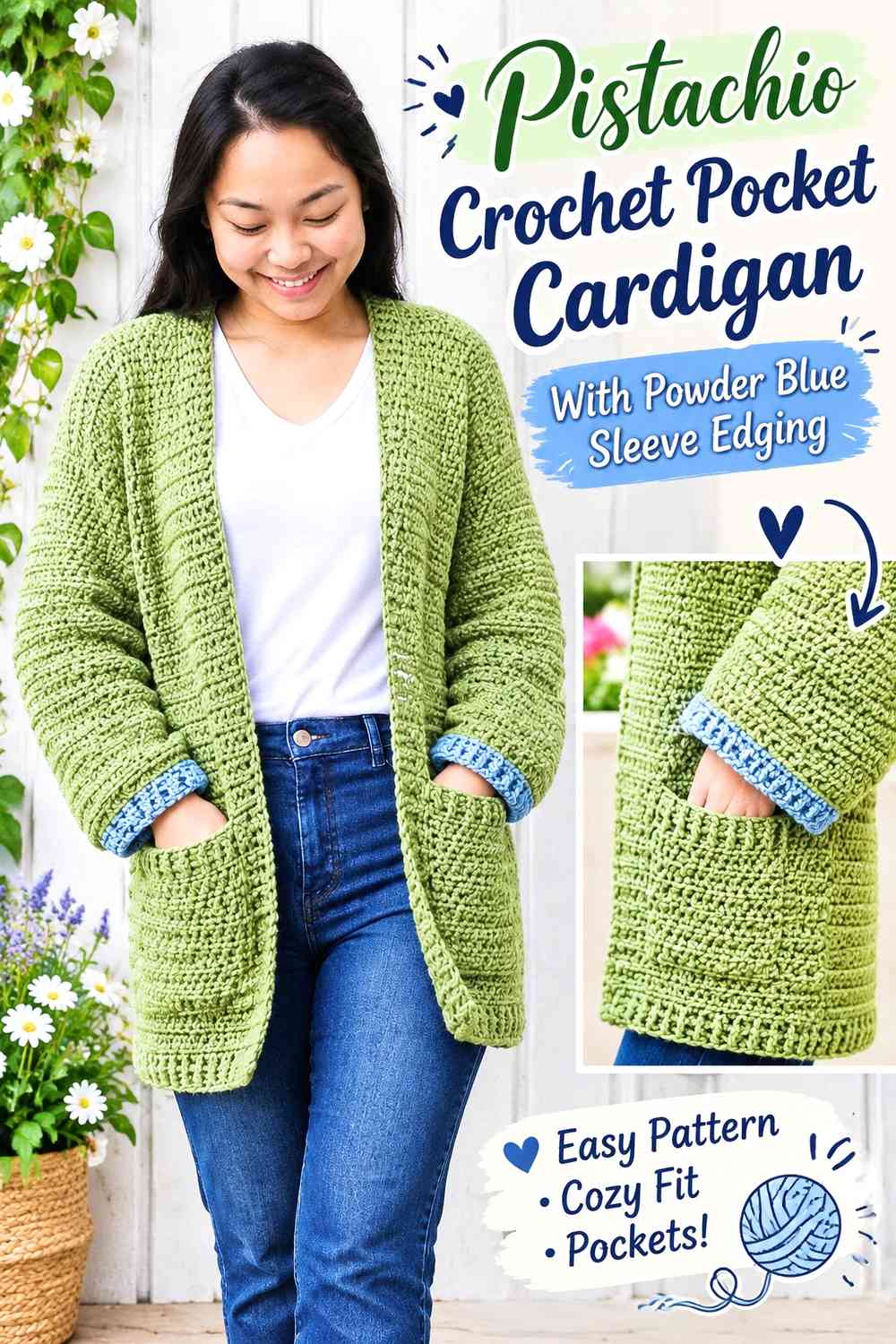 Pistachio Crochet Pocket Cardigan With Powder Blue Sleeve Edging