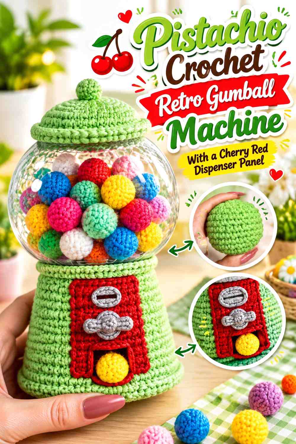 Pistachio Crochet Retro Gumball Machine With a Cherry Red Dispenser Panel