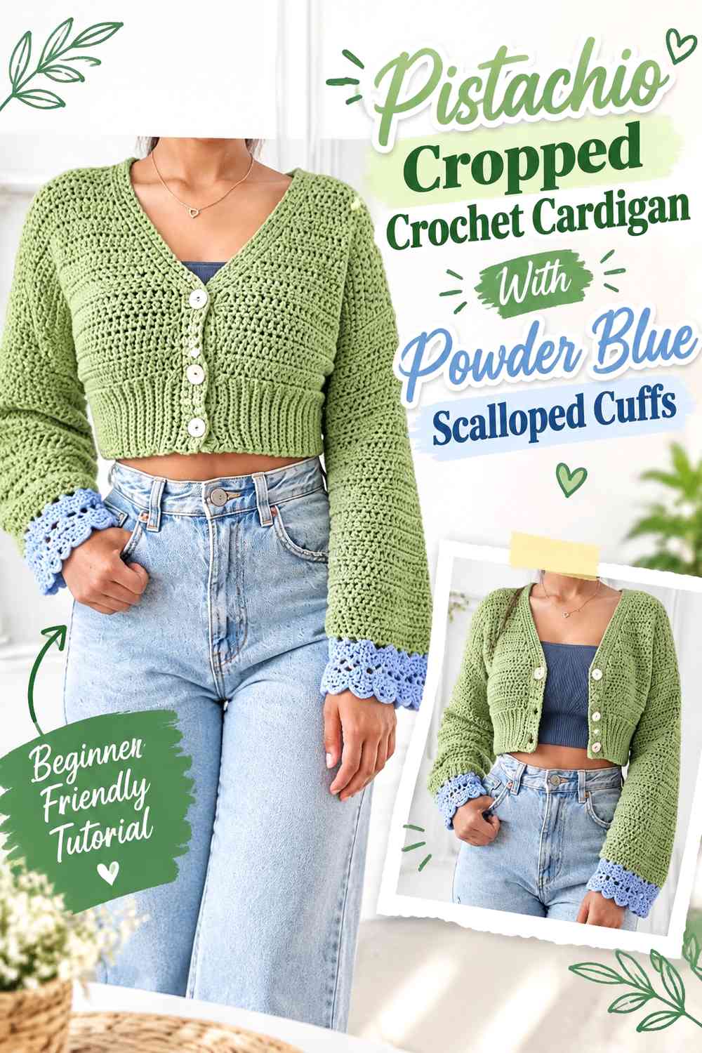Pistachio Cropped Crochet Cardigan With Powder Blue Scalloped Cuffs