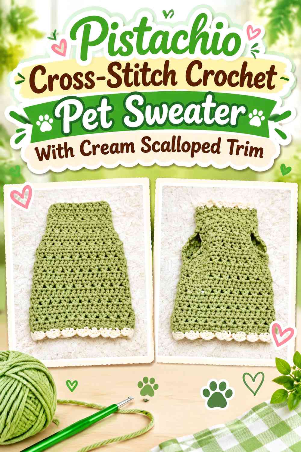 Pistachio Cross-Stitch Crochet Pet Sweater With Cream Scalloped Trim