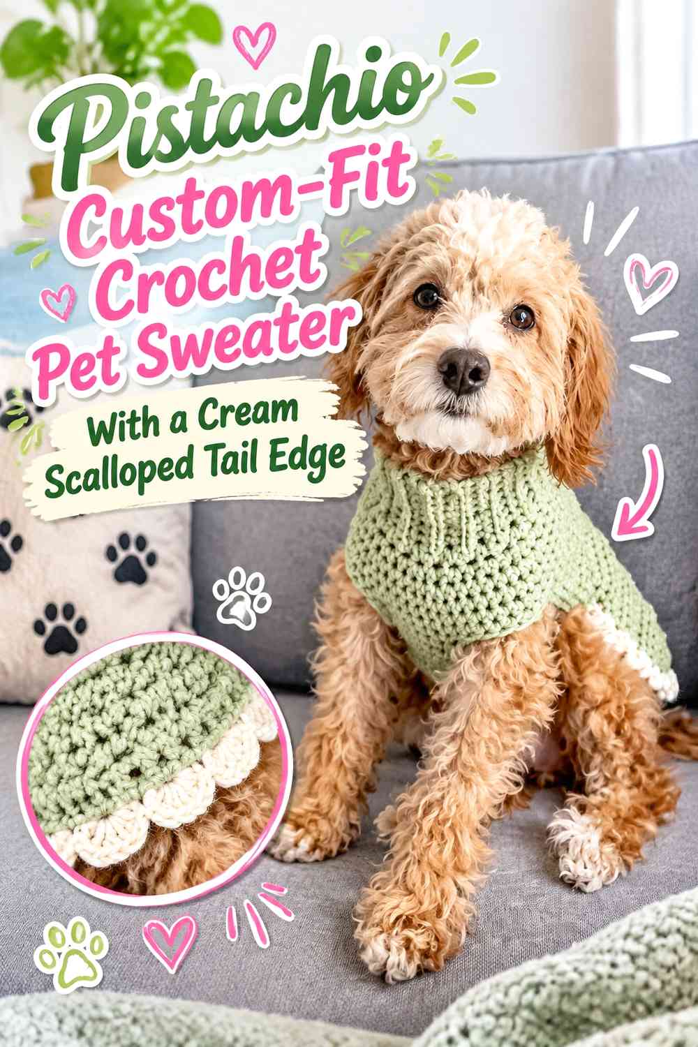 Pistachio Custom-Fit Crochet Pet Sweater With a Cream Scalloped Tail Edge
