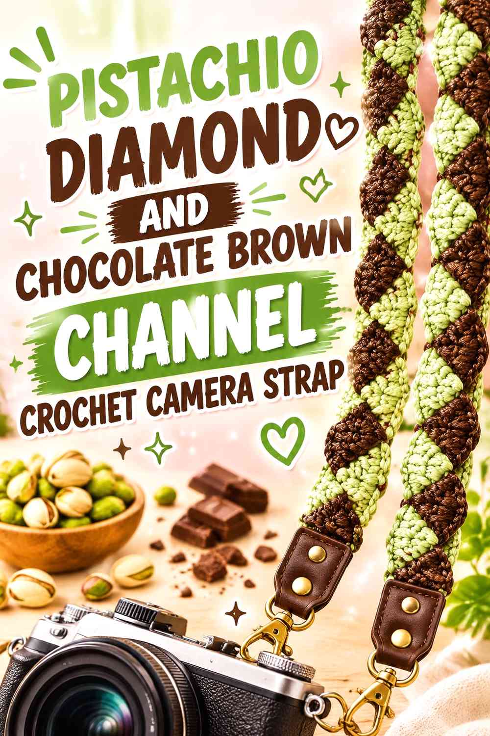 Pistachio Diamond and Chocolate Brown Channel Crochet Camera Strap