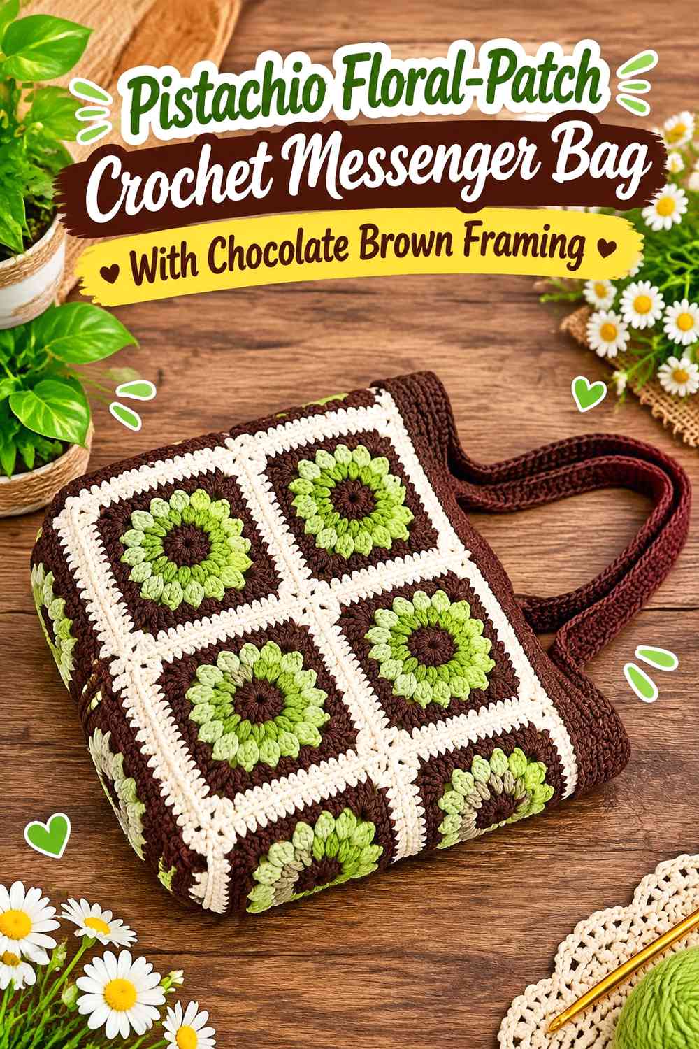Pistachio Floral-Patch Crochet Messenger Bag With Chocolate Brown Framing