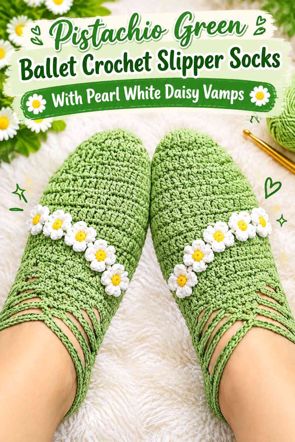 Pistachio Green Ballet Crochet Slipper Socks With Pearl White Daisy Vamps