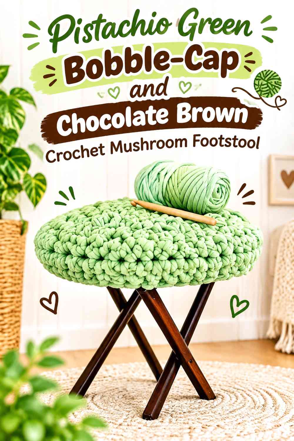 Pistachio Green Bobble-Cap and Chocolate Brown Crochet Mushroom Footstool