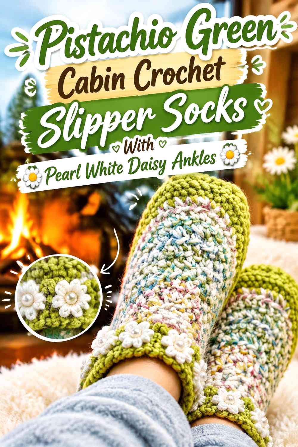 Pistachio Green Cabin Crochet Slipper Socks With Pearl White Daisy Ankles