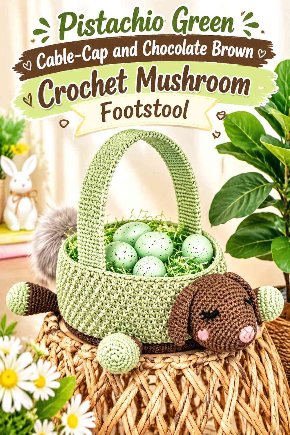 Pistachio Green Cable-Cap and Chocolate Brown Crochet Mushroom Footstool