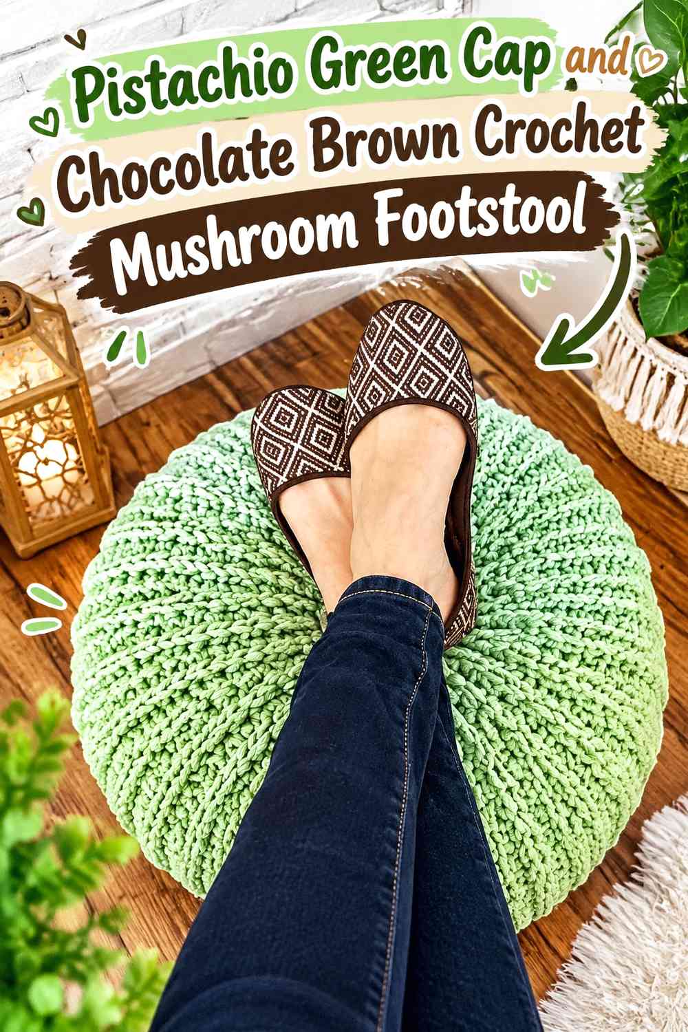 Pistachio Green Cap and Chocolate Brown Crochet Mushroom Footstool