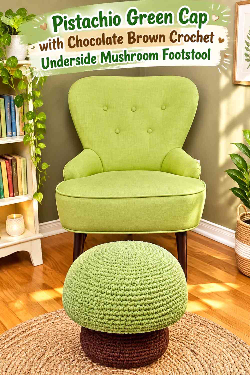 Pistachio Green Cap with Chocolate Brown Crochet Underside Mushroom Footstool