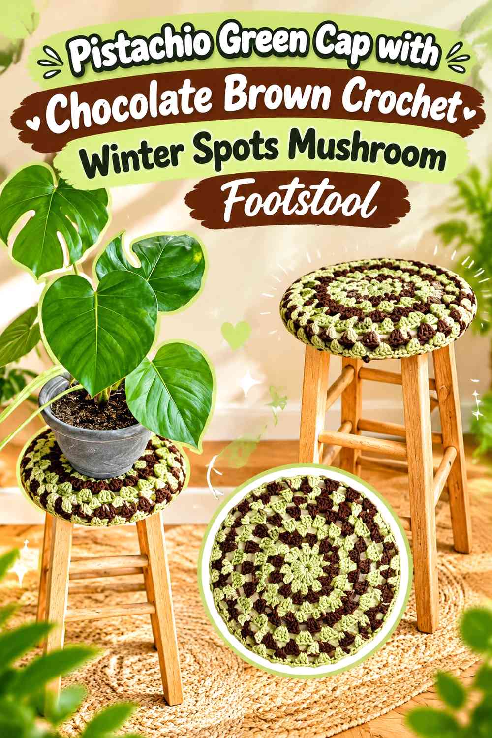 Pistachio Green Cap with Chocolate Brown Crochet Winter Spots Mushroom Footstool