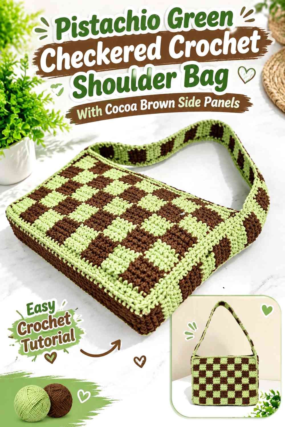 Pistachio Green Checkered Crochet Shoulder Bag With Cocoa Brown Side Panels