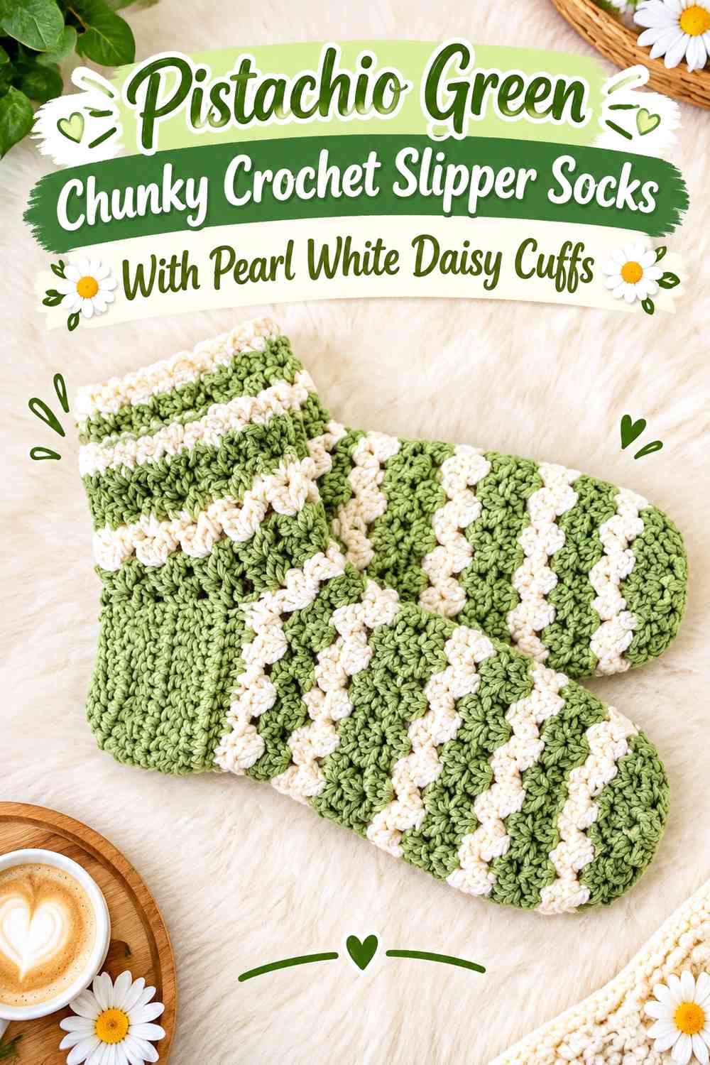 Pistachio Green Chunky Crochet Slipper Socks With Pearl White Daisy Cuffs