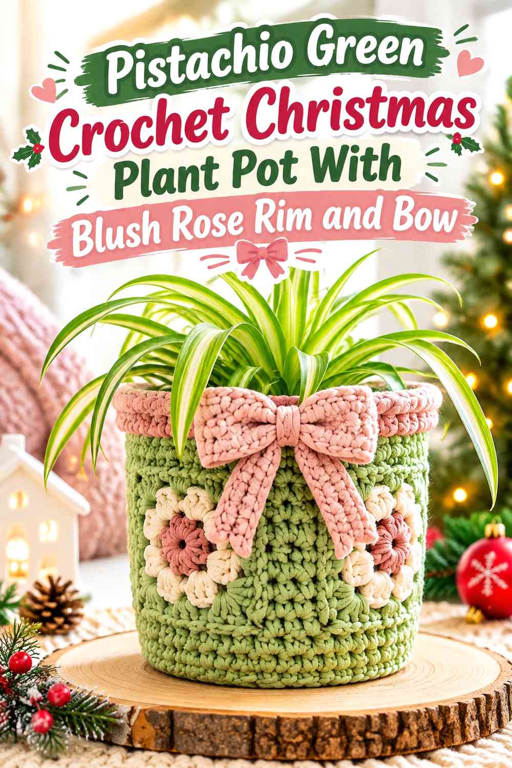 Pistachio Green Crochet Christmas Plant Pot With Blush Rose Rim and Bow