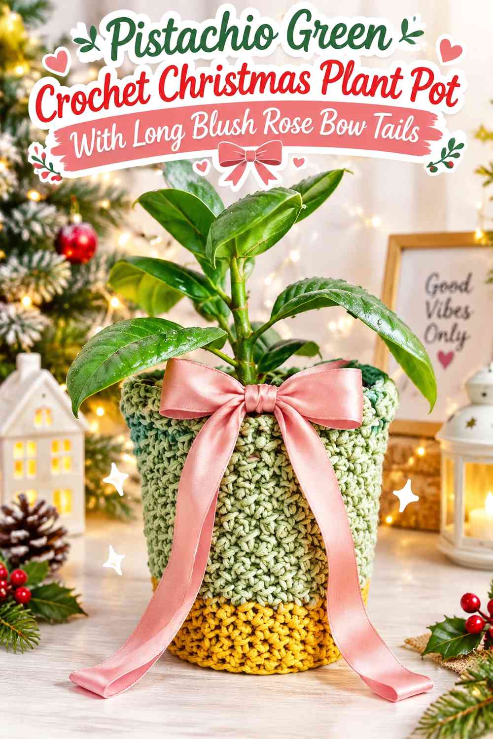 Pistachio Green Crochet Christmas Plant Pot With Long Blush Rose Bow Tails