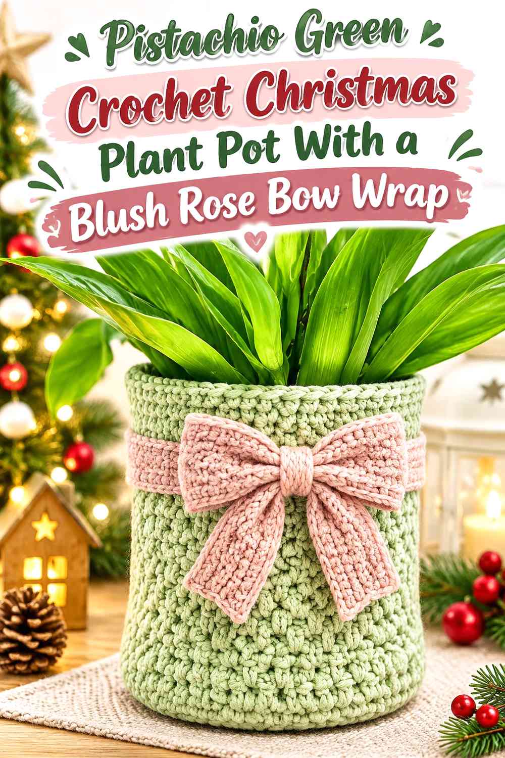 Pistachio Green Crochet Christmas Plant Pot With a Blush Rose Bow Wrap