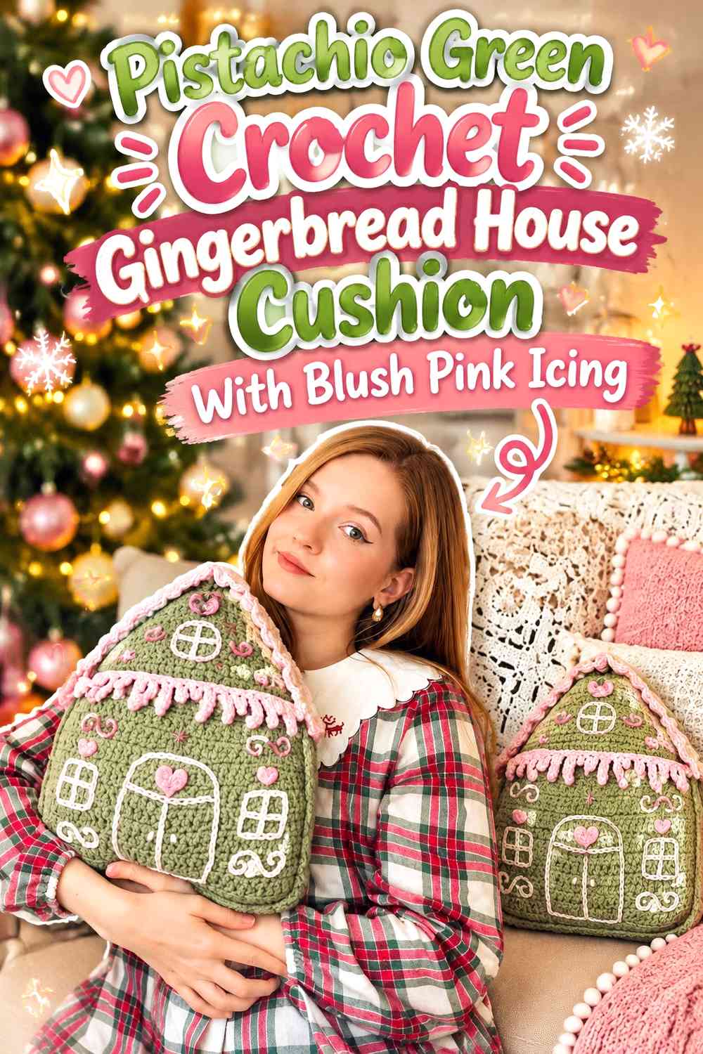 Pistachio Green Crochet Gingerbread House Cushion With Blush Pink Icing