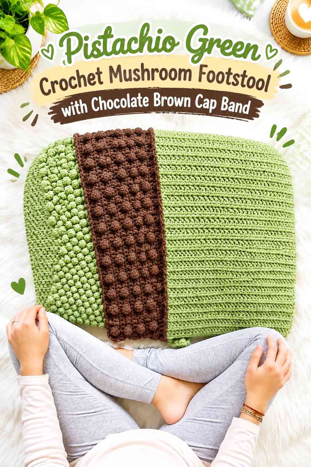 Pistachio Green Crochet Mushroom Footstool with Chocolate Brown Cap Band