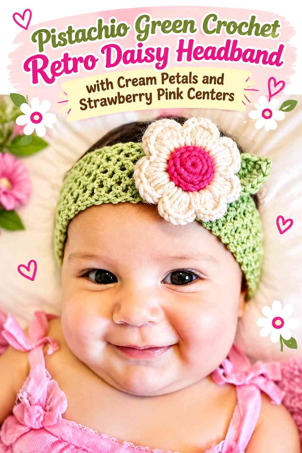 Pistachio Green Crochet Retro Daisy Headband with Cream Petals and Strawberry Pink Centers
