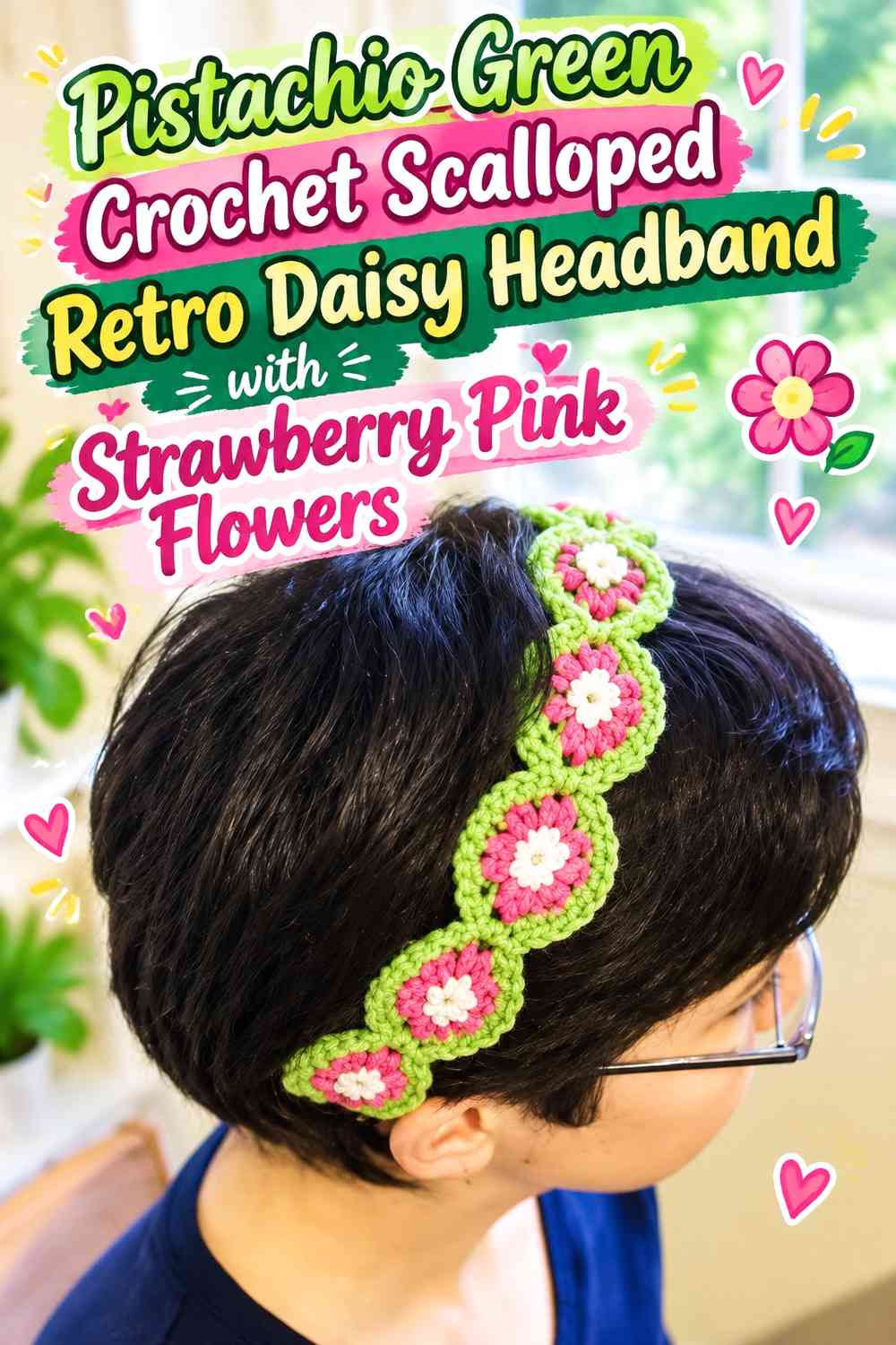 Pistachio Green Crochet Scalloped Retro Daisy Headband with Strawberry Pink Flowers