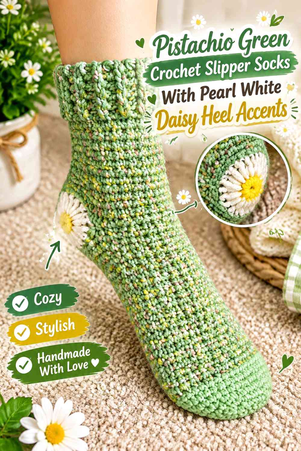 Pistachio Green Crochet Slipper Socks With Pearl White Daisy Heel Accents