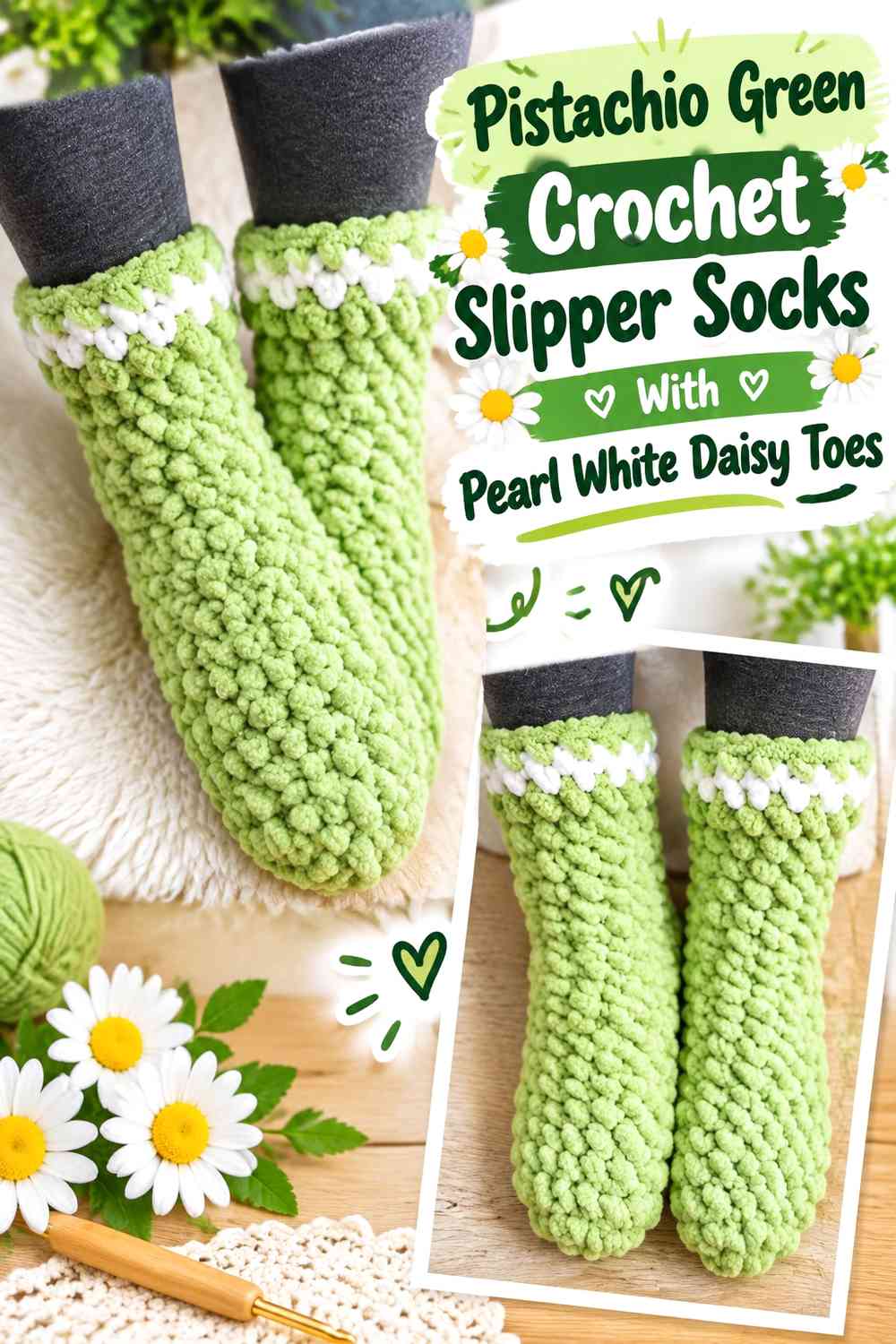 Pistachio Green Crochet Slipper Socks With Pearl White Daisy Toes