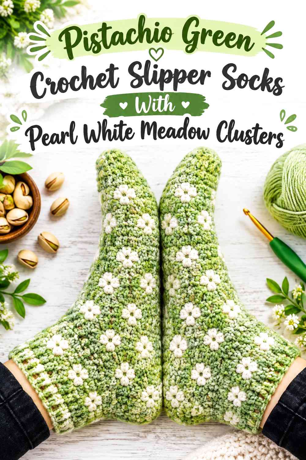 Pistachio Green Crochet Slipper Socks With Pearl White Meadow Clusters