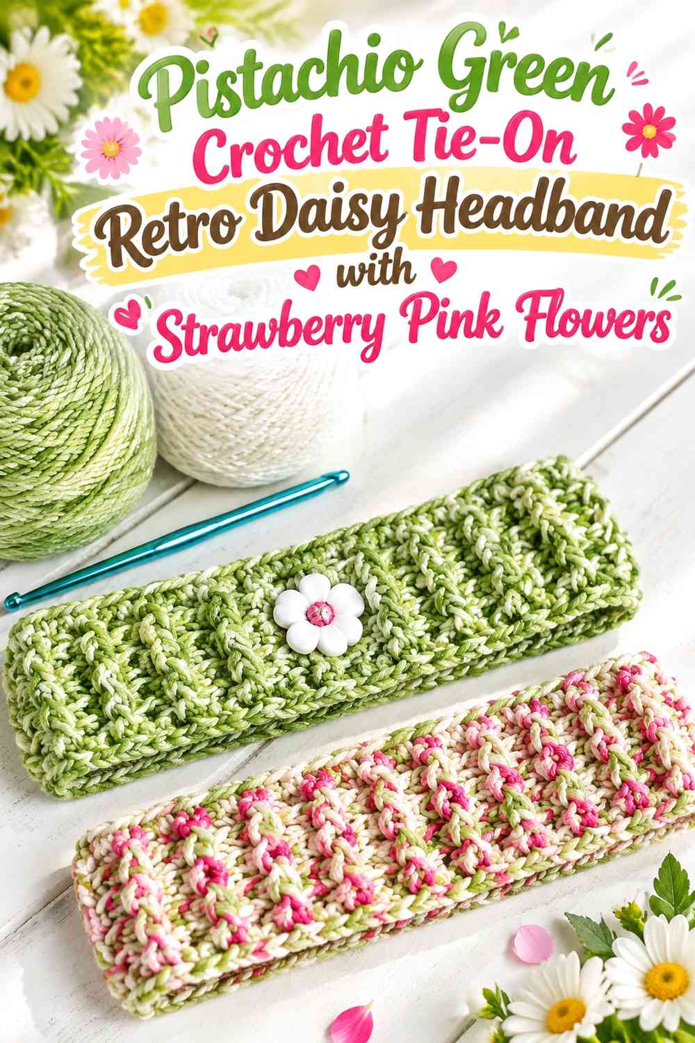 Pistachio Green Crochet Tie-On Retro Daisy Headband with Strawberry Pink Flowers