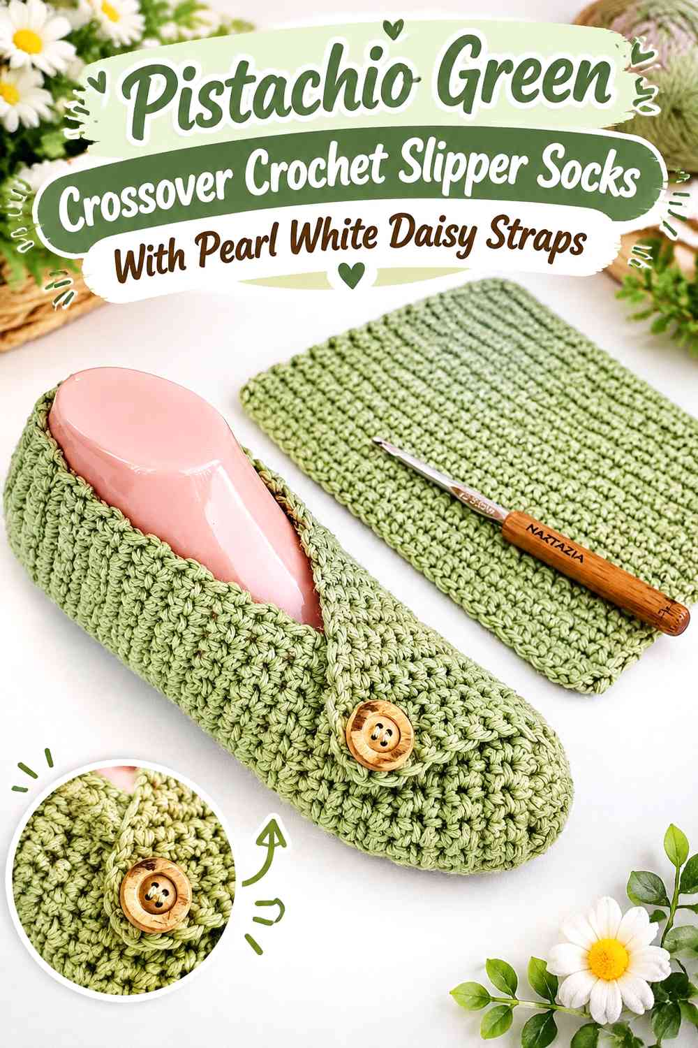 Pistachio Green Crossover Crochet Slipper Socks With Pearl White Daisy Straps