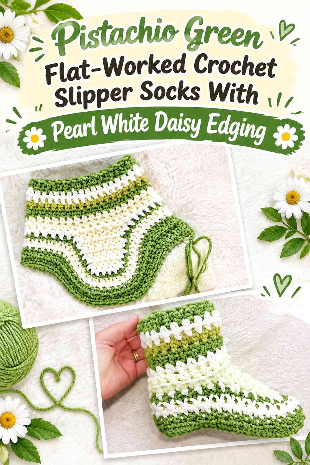 Pistachio Green Flat-Worked Crochet Slipper Socks With Pearl White Daisy Edging