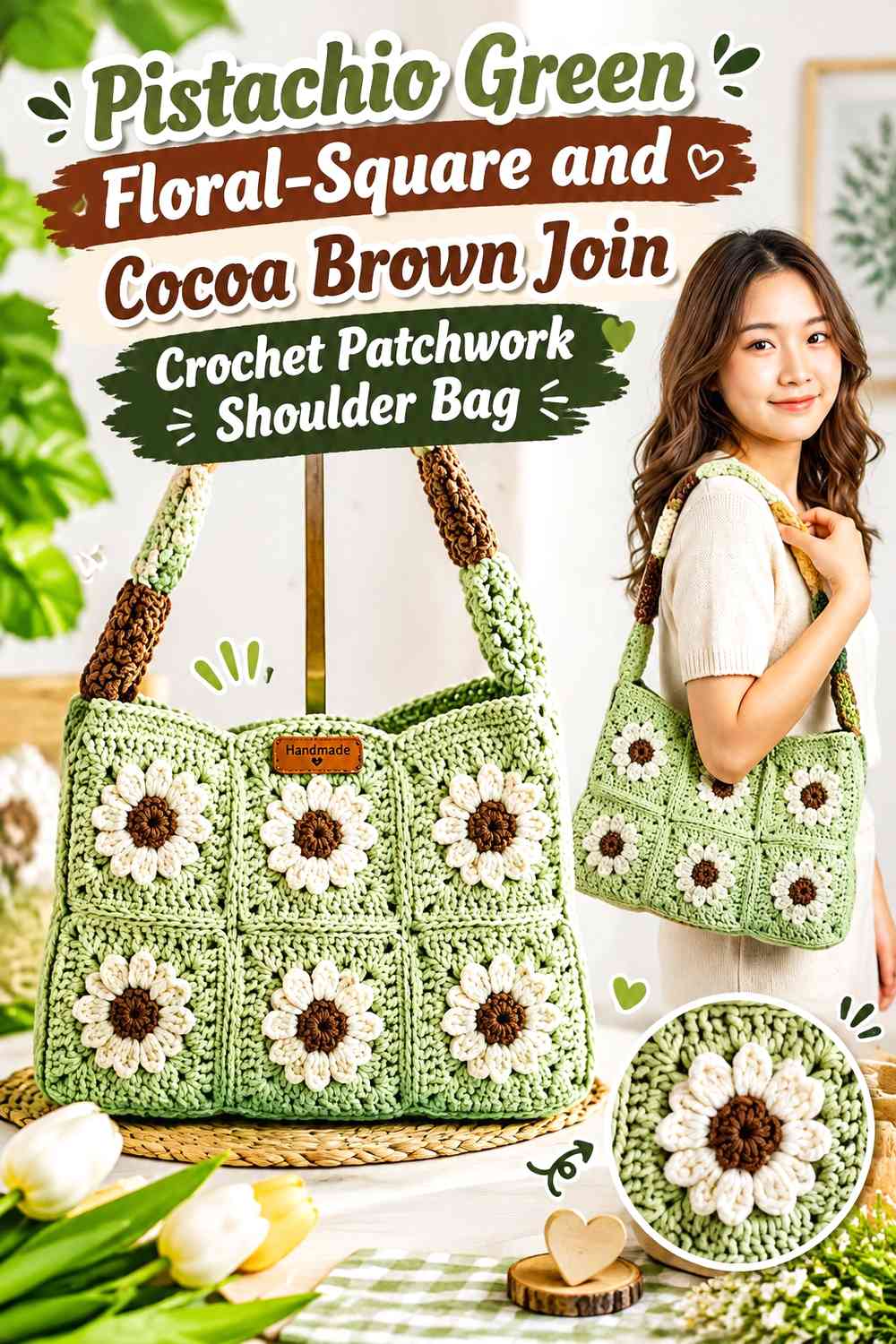 Pistachio Green Floral-Square and Cocoa Brown Join Crochet Patchwork Shoulder Bag