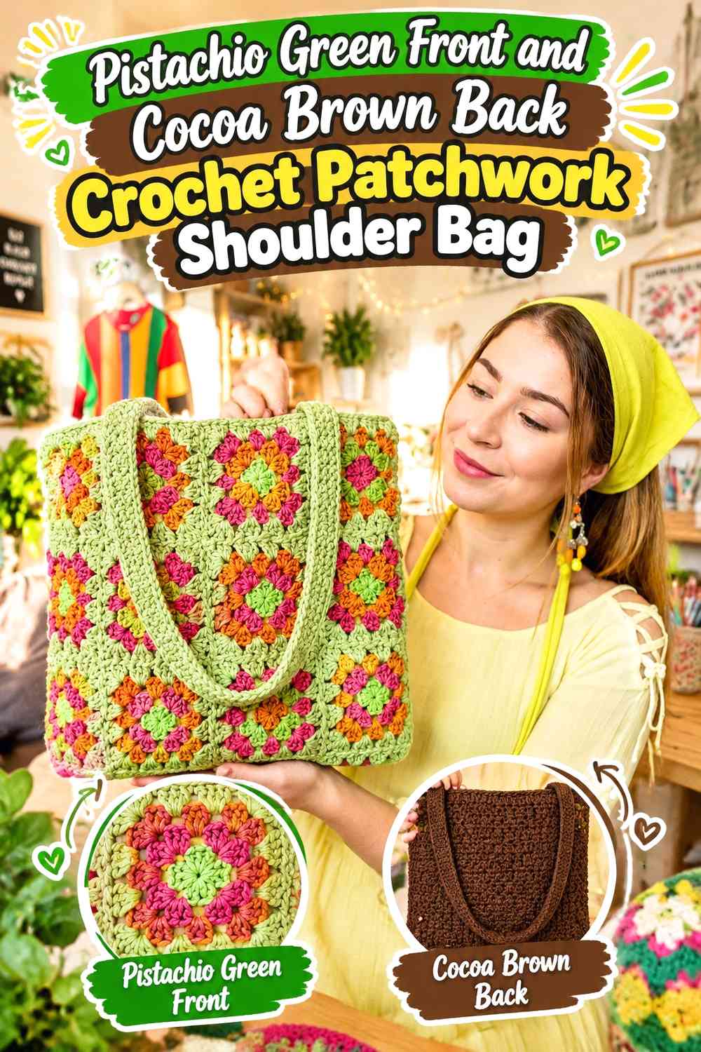 Pistachio Green Front and Cocoa Brown Back Crochet Patchwork Shoulder Bag