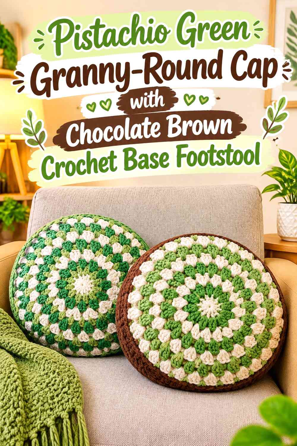 Pistachio Green Granny-Round Cap with Chocolate Brown Crochet Base Footstool