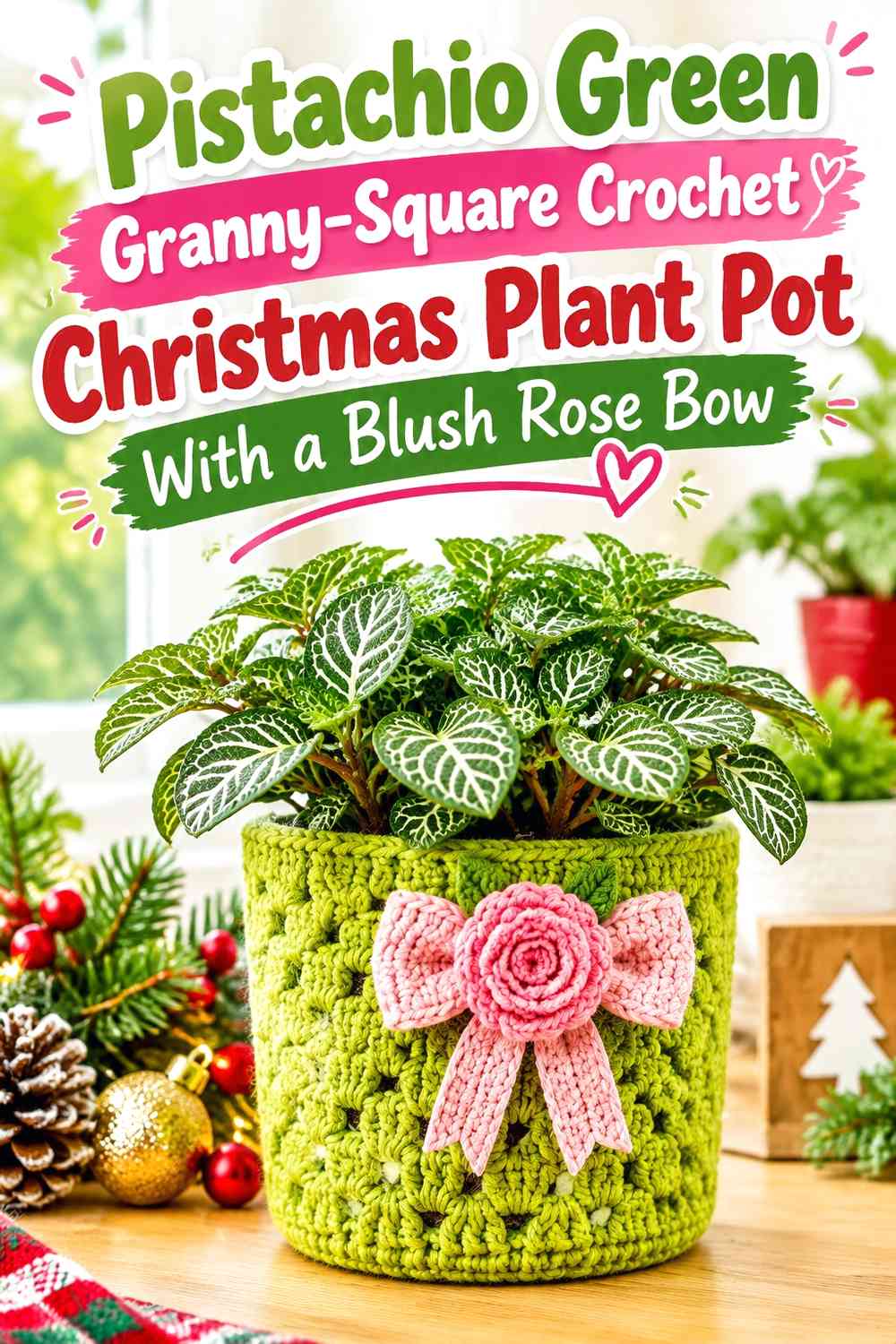 Pistachio Green Granny-Square Crochet Christmas Plant Pot With a Blush Rose Bow