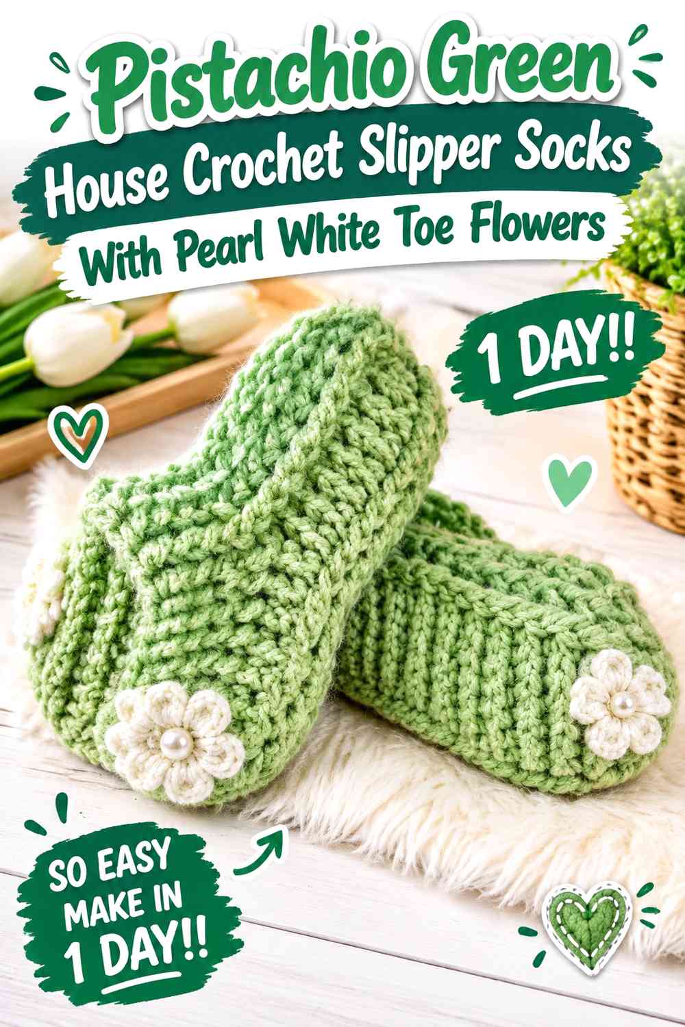 Pistachio Green House Crochet Slipper Socks With Pearl White Toe Flowers