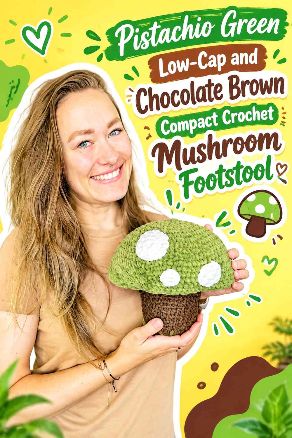 Pistachio Green Low-Cap and Chocolate Brown Compact Crochet Mushroom Footstool